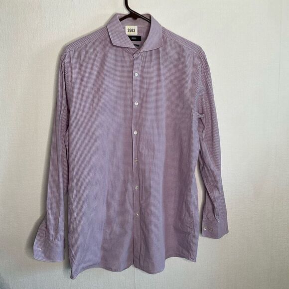 HUGO BOSS BLACK LABEL DRESS SHIRT SHARP FIT SPREAD COLLAR PLAID REDBLUE 17 34/35 - Picture 6 of 10